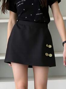 Girls' Elegant Urban Commute School Style Gold 3D Button Fitted Mini Skort Shorts - Black - View 1