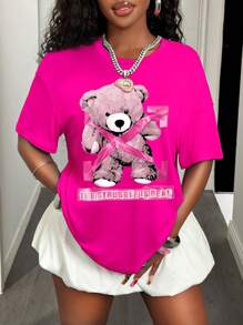 BamGleam 女士合身休闲短袖 T 恤，带熊印花 - 玫紅色 - 查看 3