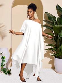 Slaydiva 2025 新款休闲百搭日常无袖/短袖宽松不对称下摆连衣裙，简约设计，适合春夏季