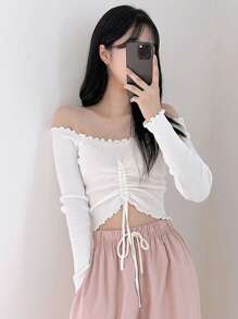 DAZY Off-Shoulder Pleated Form-Fitting Short Women T-Shirt,Off Shoulder Top Going Out Tops - White - View 2