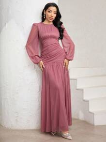 Veilorie Đầm bodycon nhún bèo tay đèn lồng màu hồng sen, vải chiffon - Bụi hồng - Xem 6