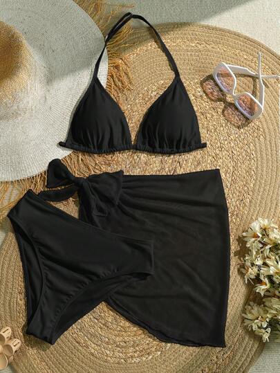 SHEIN Teen Girls 3-Piece Black Bathing Suit Bikini Set, Casual Beach Vacation