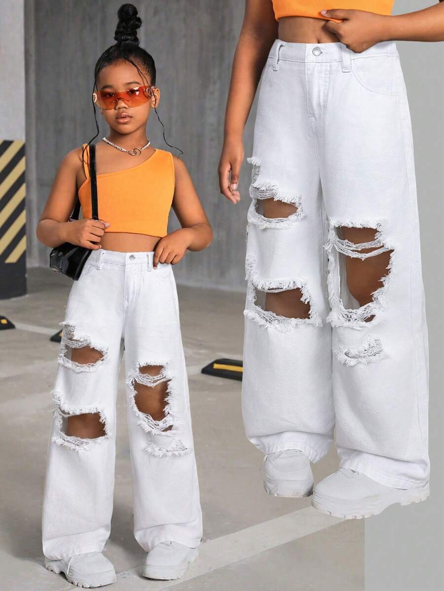 SHEIN SLAYR KIDS 少女 Y2K 白色春夏街头风破洞阔腿牛仔裤，春夏休闲度假乡村波西米亚风，适合少女海滩穿着，西部街头风，春假狂欢节牛仔裤 - 白色 - 查看 1