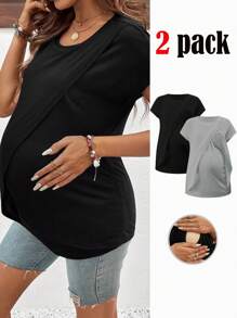 SHEIN Maternity Casual Solid Color Wrap Short Sleeve Nursing T-Shirt, Summer - Grey - View 13