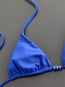 SHEIN Swim 2 件套女士度假风格纯色吊带三角串珠泳衣