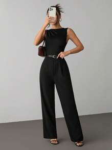 SHEIN PETITE Women Casual Solid Sleeveless Jumpsuit - Black - View 6