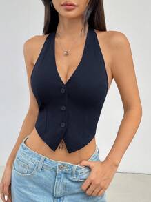 SHEIN PETITE Áo thun nữ hở lưng không tay màu trơn mùa hè - Màu xanh hải quân - Xem 5