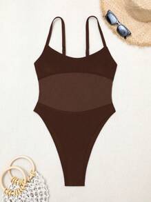 Swim SXY 女士纯色肩带网眼拼接性感镂空连体泳衣，春假和节日波西米亚风