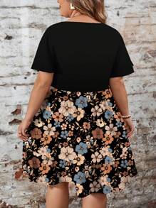 EMERY ROSE Váy suông cổ tròn tay ngắn họa tiết hoa chắp vá đơn giản rộng rãi cỡ lớn, phù hợp cho mùa thu/đông, váy đi biển, trang phục ngày lễ Boho - Nhiều màu - Xem 2