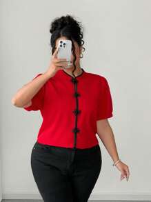 Elenzga 大码女式时尚休闲优雅立领纽扣衬衫 - 紅色 - 查看 3