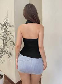 EgrlEra 女士性感纯色露背挂脖修身衬衫，夏季 - 黑色 - 查看 3