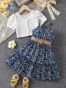 SHEIN Vintaside Kids 2pcs/Set Young Girl Summer Vacation Casual Solid Color Puff Sleeve Top And Ditsy Floral Strap Dress