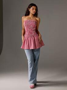 TRNVIE Women's Checkered Strapless Ruffle Dress, Casual & Fashionable For Summer Vacation - Red and White - View 6