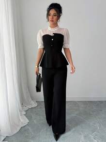 Selianne Chiffon Patchwork Shirt & Flare Leg Pants 2 Pieces Set - Black - View 4