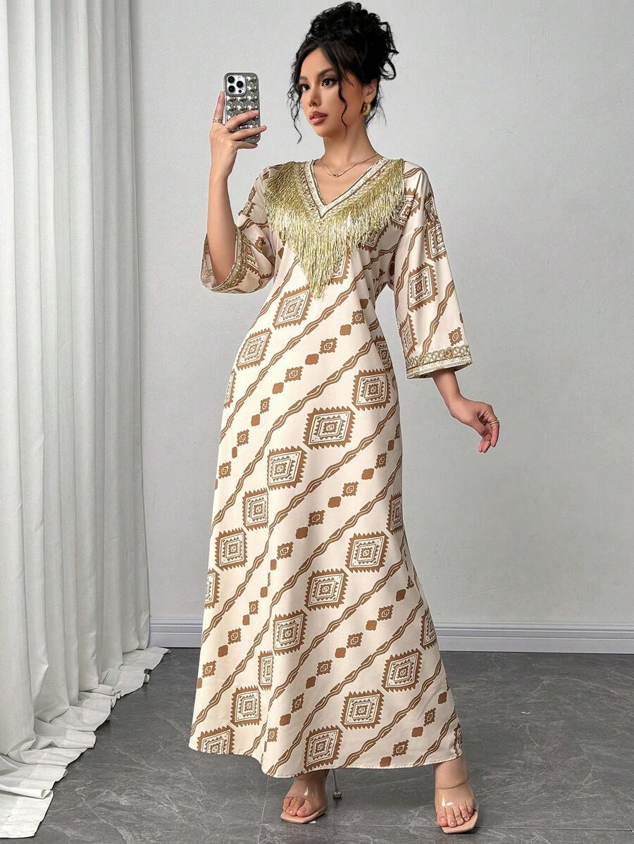 Chiquease 女式镶边印花休闲流苏装饰连衣裙 - 杏色 - 查看 1