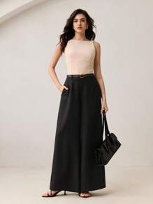 BizChic Áo dệt kim không tay hở lưng, thanh lịch, lãng mạn với nơ thắt cổ dành cho nữ, đa năng, phù hợp cho công sở, thường ngày và mặc đi làm. - Màu be - Xem 3