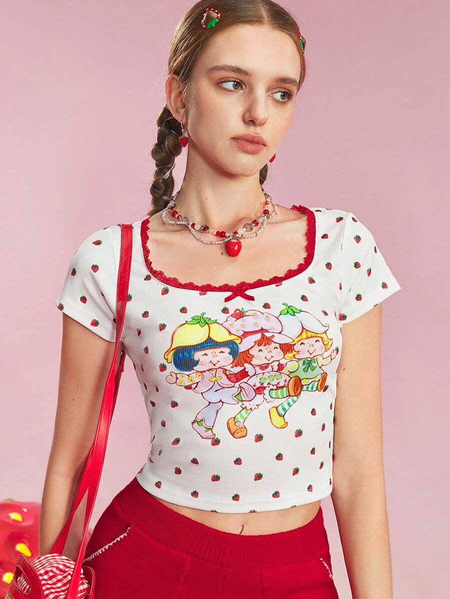 Strawberry Shortcake X SHEIN Women's Strawberry & Cartoon Graphic Casual French Pastoral Cute Square Neck Lace Trim Bowk Decor Short Sleeve Slim Cropped T-Shirt - White - View 1