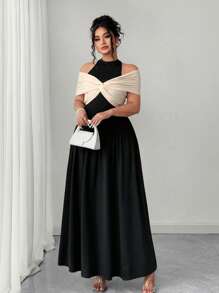 Elenzga 大码女式拼色露肩迷你连衣裙，时尚，适合夏季 - 黑色 - 查看 3