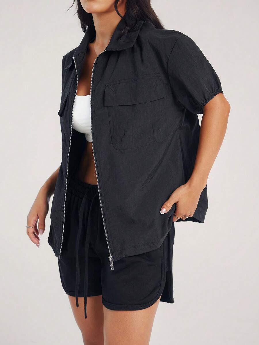 Chiquease Women's Casual Sports Jacket With Pockets, Adjustable Drawstring Hem, Zip Closure