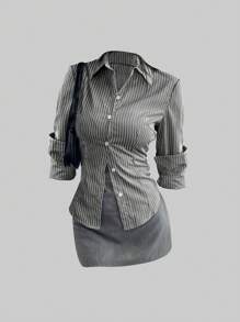 SHEIN PETITE Petite 女士百搭纯色休闲轻质收腰蓝色条纹长袖衬衫，百搭，春秋季 - 黑色 - 查看 3