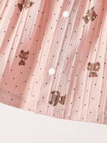 2 件/套女婴柔软条纹长袖上衣和裤子睡衣套装，粉色。衬衫采用散落的棕色泰迪熊印花，圆领，正面纽扣和褶边袖口。裤子的面料和设计与衬衫相配，下摆有褶边。 - 粉色 - 查看 3