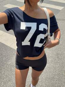 INAWLY Women's Letter Print Off-Shoulder Short Sleeve T-Shirt - Navy Blue - View 4