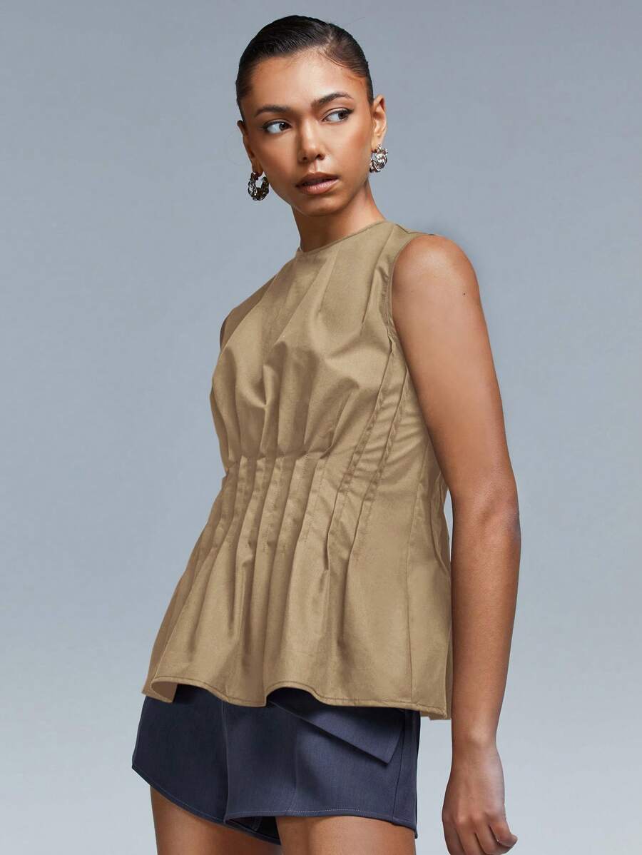 Athîral Women's Sleeveless Top With Pleated Waist And Round Neck - Brown - View 1