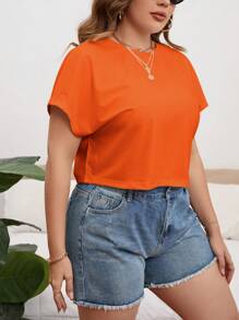 SHEIN Essnce Áo thun ngắn tay cánh dơi cổ tròn màu trơn cỡ lớn cho nữ - trái cam - Xem 6