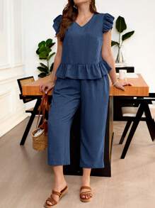 SHEIN Frenchy 2pcs Plus Size Women's Solid Color Back Single-Breasted Cap Sleeve Shirt And Pants Set - Navy Blue - View 4