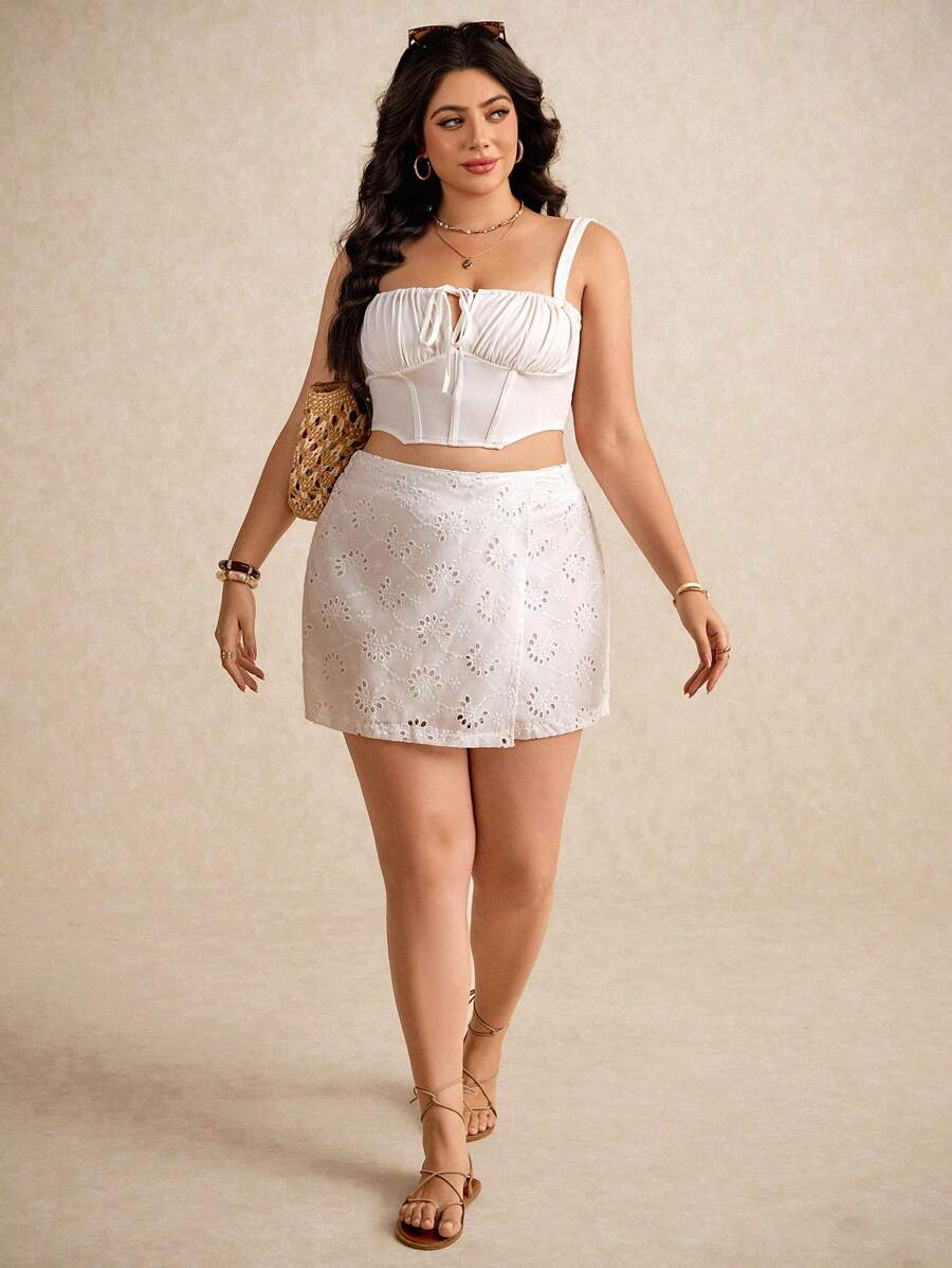 Elaquor 大码休闲刺绣度假短裙短裤 - 白色 - 查看 1