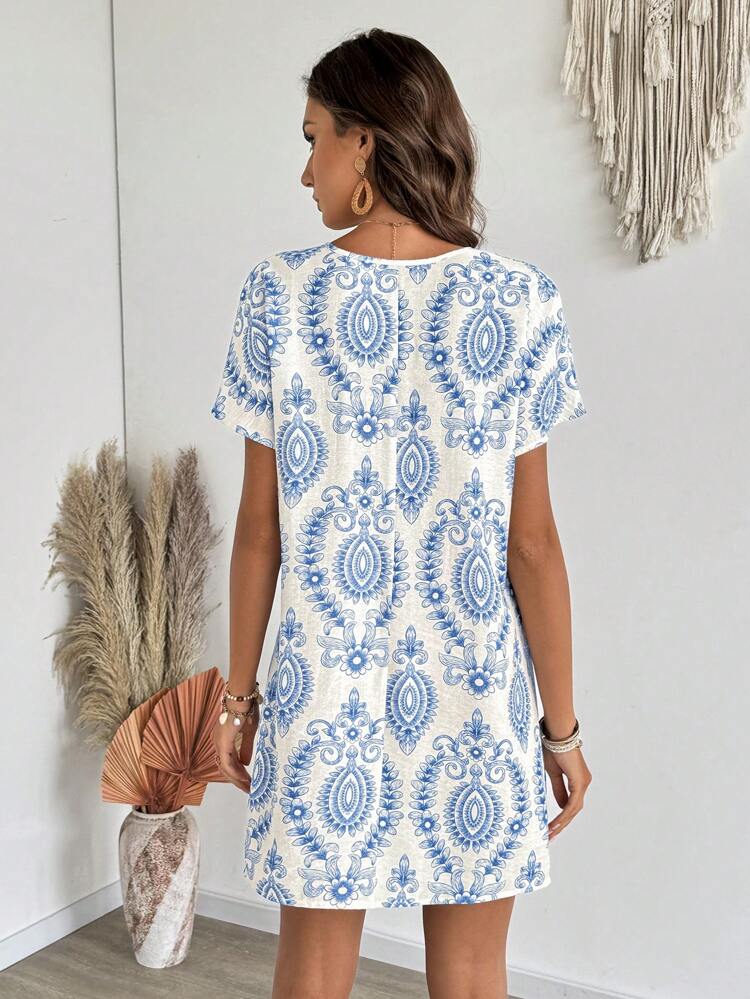 Women's V-Neck Short Sleeve Casual Dress, Suitable For Summer