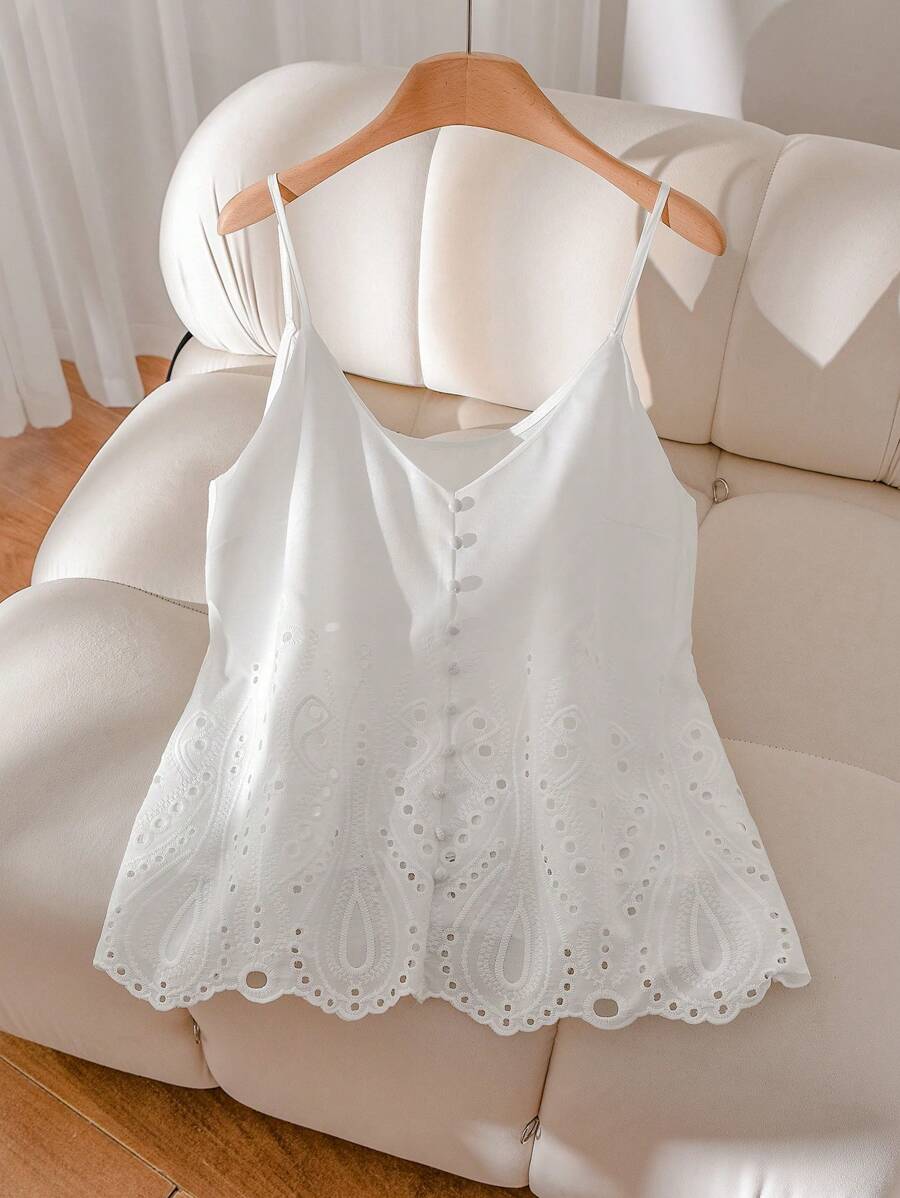 CosyJoli Áo ba lỗ thêu khoét rỗng cỡ lớn cho kỳ nghỉ hè - trắng - Xem 1