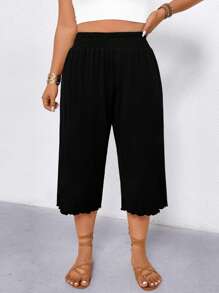 Linhara 大码女式休闲荷叶边下摆阔腿七分裤