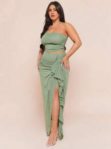 SHEIN BAE New Spring And Summer Plus Size Plus Size Women's Bean Green Gathered Mesh Tube Top, Gathered Slit Mesh Knitted Skirt, Two Pieces Suit, Suit Suitable For Dating, Party, Vacation, Beach, Graduation Season - Green - View 4