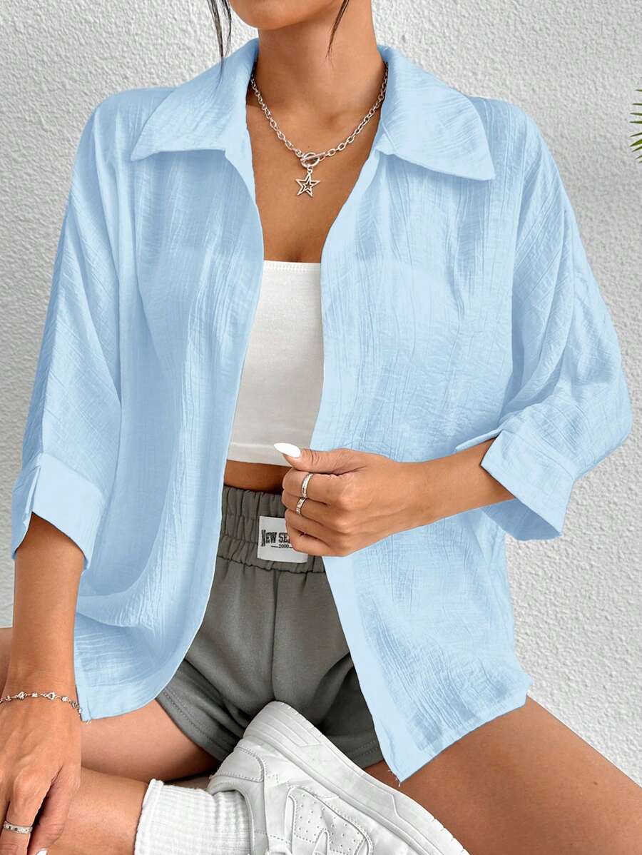 SHEIN PETITE Áo sơ mi trắng tay cánh dơi trơn màu trắng mùa xuân - Màu xanh nhạt - Xem 1