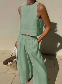 Siren Gaze נשים חופשה ופנאי חליפת פשתן בצבע אחיד, חולצת צווארון עגול ומכנסיים 2 חלקים סט קז'ואל, סט שני חלקים נשים, בגדי קיץ נשים - ירוק מנטה - ראה 6