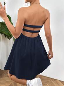 SHEIN EZwear 海军蓝色女士编织露肩连衣裙，度假装 - 藏蓝色 - 查看 2