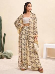 BY FELIZIA Light Apricot Summer Palm Tree Print Chiffon Long Beachwear Vacation Resort Wear New Arrivals Summer Long Kimono For Women - Multicolor - View 1