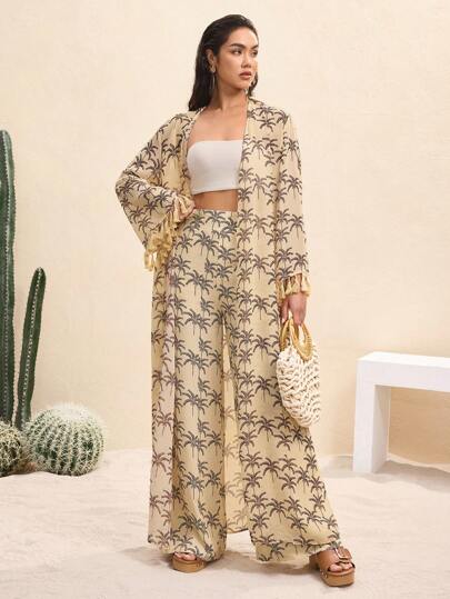 BY FELIZIA Kimono largo de verano de gasa con estampado de palmeras en color albaricoque claro, para vacaciones y resorts, nuevas llegadas de verano para mujeres