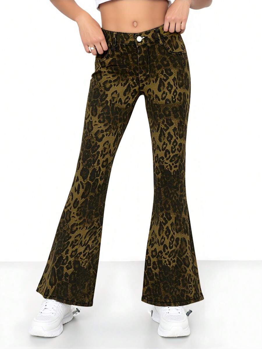 青少年女孩时尚豹纹水洗牛仔宽松喇叭牛仔裤，松紧腰带和拉链开合，时尚舒适 - 黑色 - 查看 1