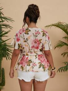 Flirla Große Größen V-Ausschnitt Rüschenärmel Chiffon bedruckte Taille geschnürt A-Linie elegante Vintage Sommer Urlaubs Bluse für Frauen - Verschiedenfarbig - Übersicht 2