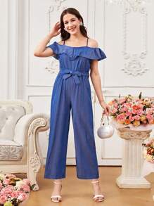 Casual Ruffled Strap Wide Leg Jumpsuit With Cropped Pants, For Teenage Girls Office Commute - Blue - View 1