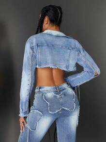 SHEIN ICON جاكيت جينز نسائية مزينة بسلسلة وذات هامش ممزق - أزرق فاتح - مشاهدة 1