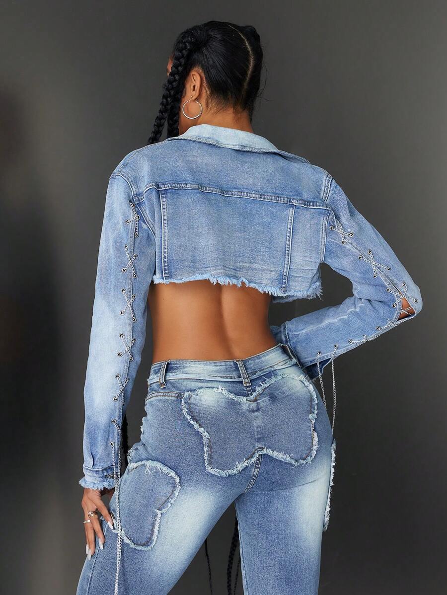 SHEIN ICON جاكيت جينز نسائية مزينة بسلسلة وذات هامش ممزق - أزرق فاتح - مشاهدة 1