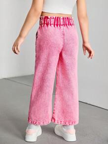 Girl Young Girl New Fuchsia Rose Snow Washed Loose Wide Leg Jeans, Cute Casual Pockets Design Ruffled Waist Front Button Decor, Suitable For Daily Wear, Minimalist & Versatile - Hot Pink - View 2