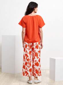 Miaspire Solid Blouse & Slant Pocket Plants Print Trousers - Multicolor - View 2