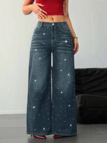 SHEIN Tall 女士低腰宽松亮片演唱会牛仔裤 - 深色水洗藍 - 查看 7