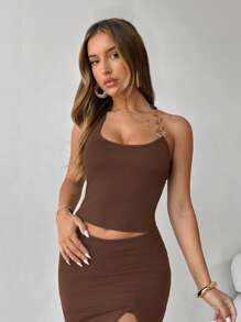 Aloruh Summer Sexy Chain Decor Backless Halter Top,Rave Top