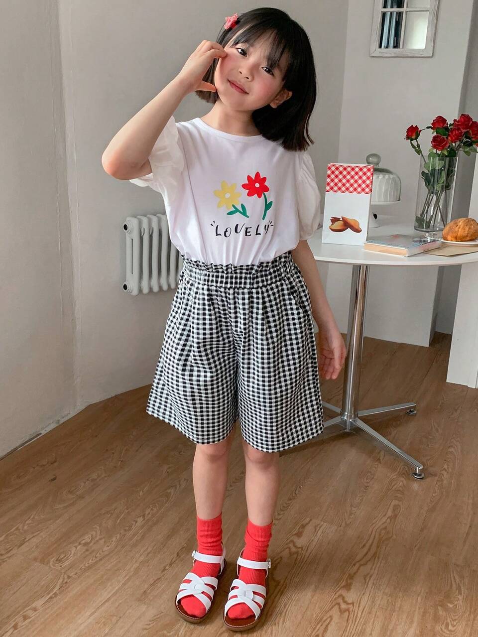 Tween Girl Floral Print Knit Top & Woven Plaid Shorts Fashion Set, Summer, Back To School Clothes