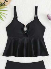 Tween Girl Spaghetti Strap Tankini Swimwear Set, New Black Solid Classic Simple Design With Front Hollow Rings, Ruffled Hem, Adjustable Straps, Suitable For Swimming And Beach Vacation - Black - View 5